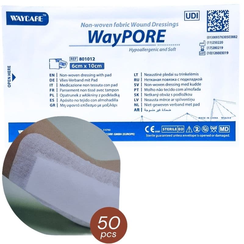 WAYCARE Waypore 801012 Adhesive Non-Woven Dressing with Pad 6x10cm - 50 Pieces
