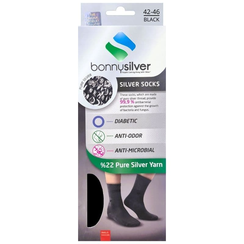 BONNYSILVER Diabetic Socks 22% Pure Silver Yarn 42-46 Black Full Protection - 2 Pieces